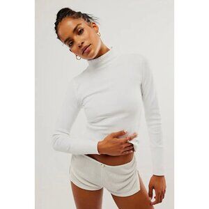 NWT Free People Dylan Mock Neck Crop Top White Ribbed Long Sleeve Blouse SMALL